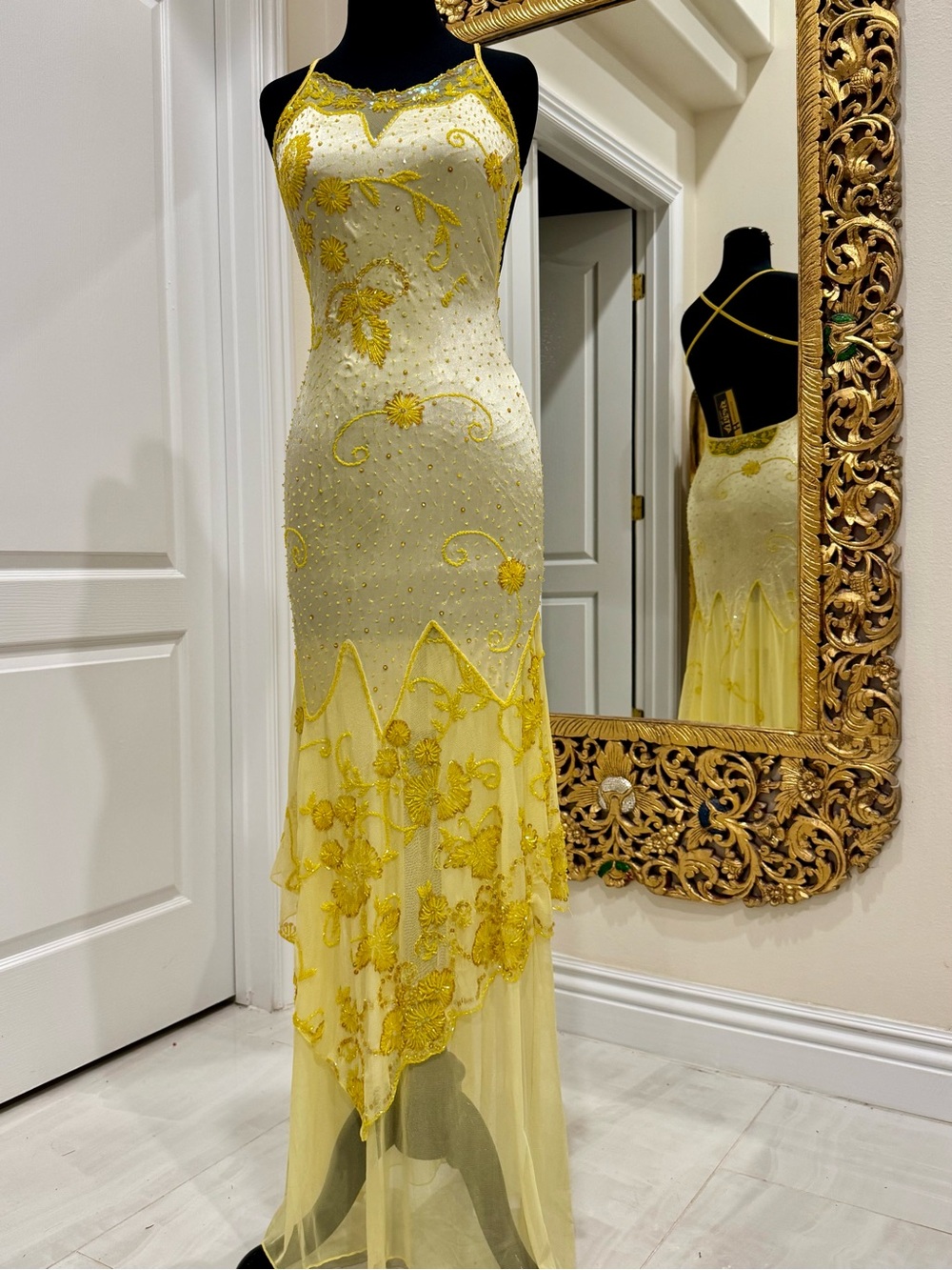 Elegant Yellow Beaded Floral stretch, satin maxi dress with sheer stretch net